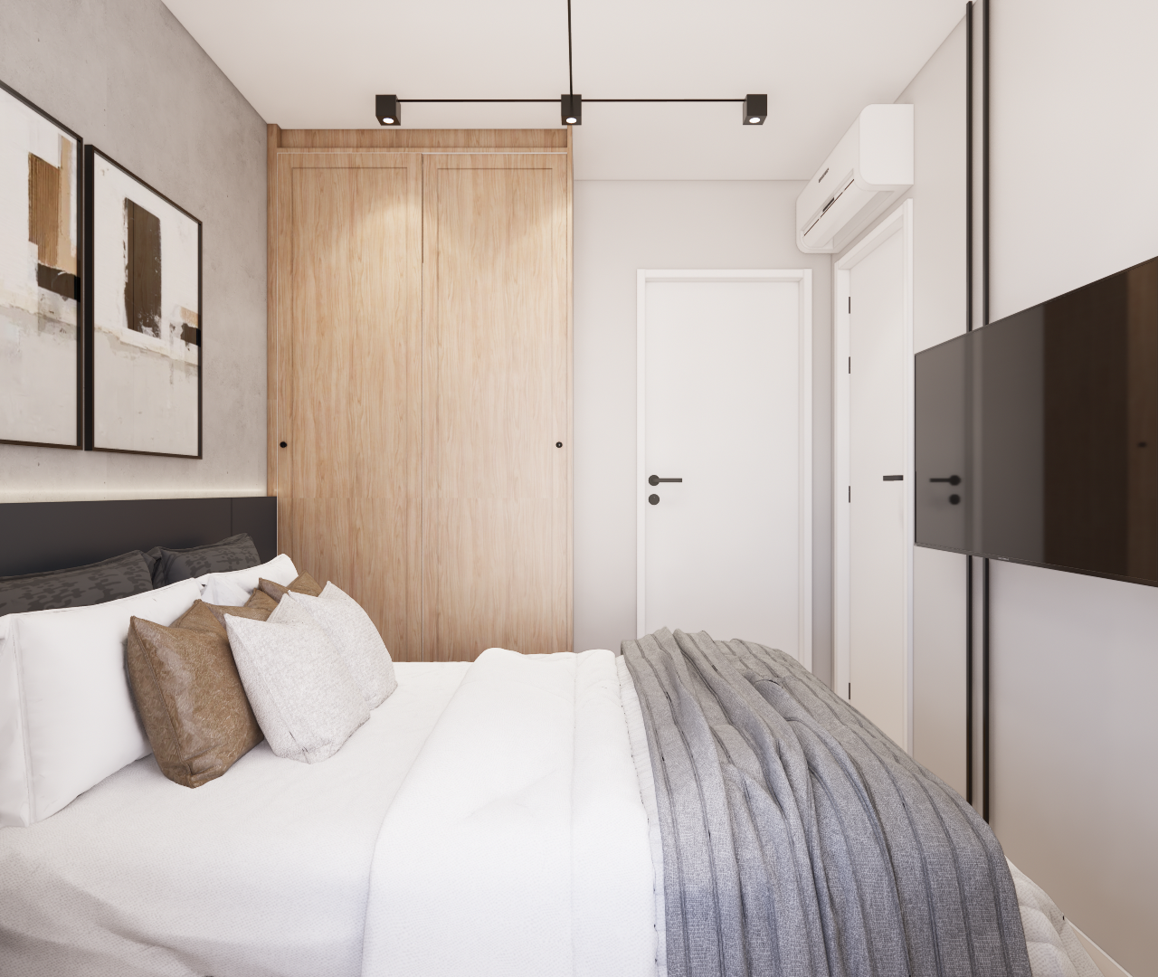 Render 3D de quarto no AP - NOW Butantã com cama, armário de madeira clara, parede em cimento queimado e TV suspensa