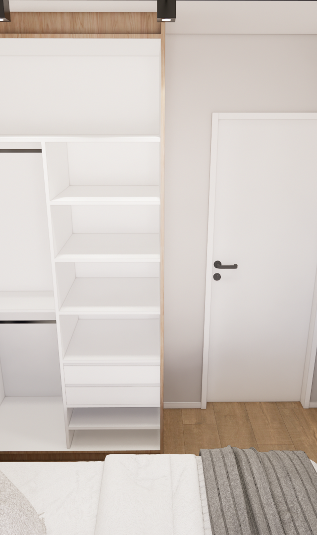 Render 3D do quarto no AP - NOW Butantã com guarda-roupa aberto, paredes cinza, piso amadeirado e marcenaria branca