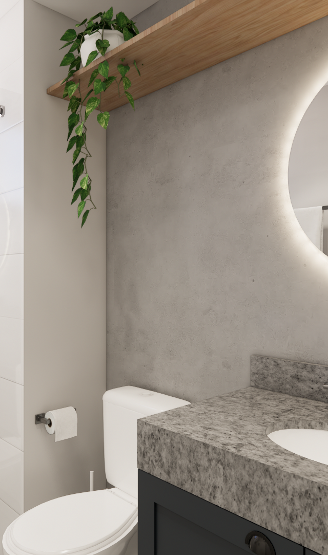 Render 3D de banheiro no AP - NOW Butantã com parede de cimento queimado, espelho redondo iluminado e bancada em granito