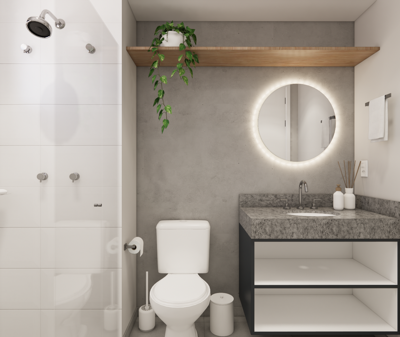 Render 3D de banheiro no AP - NOW Butantã com parede de cimento queimado, espelho redondo iluminado e bancada em granito