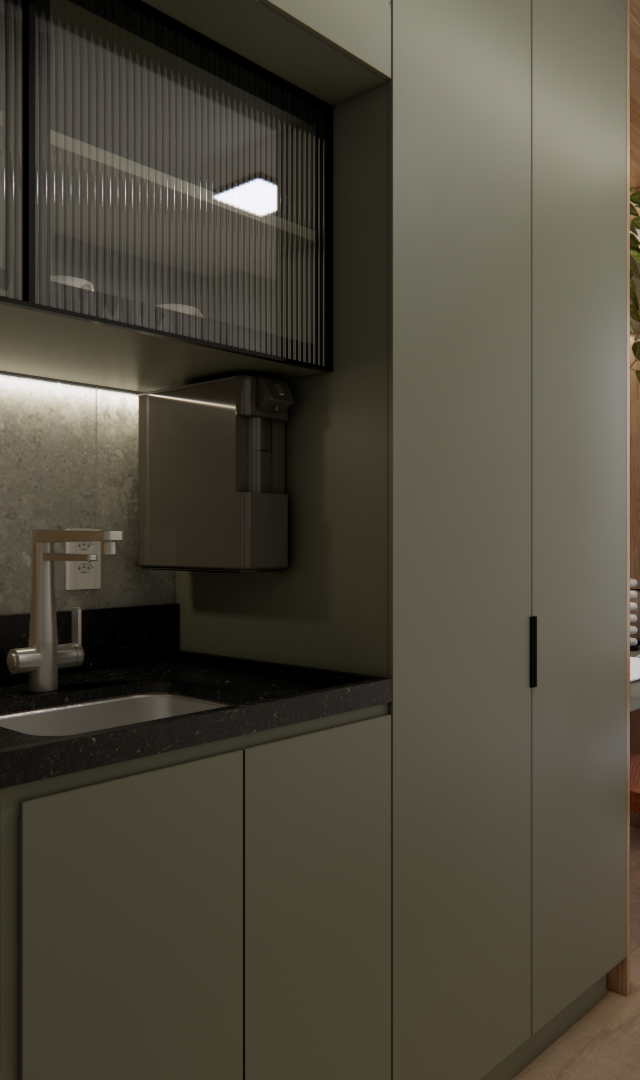 Projeto 3D: Bancada preta da cozinha, geladeira e mesa com duas cadeiras junto à cortina