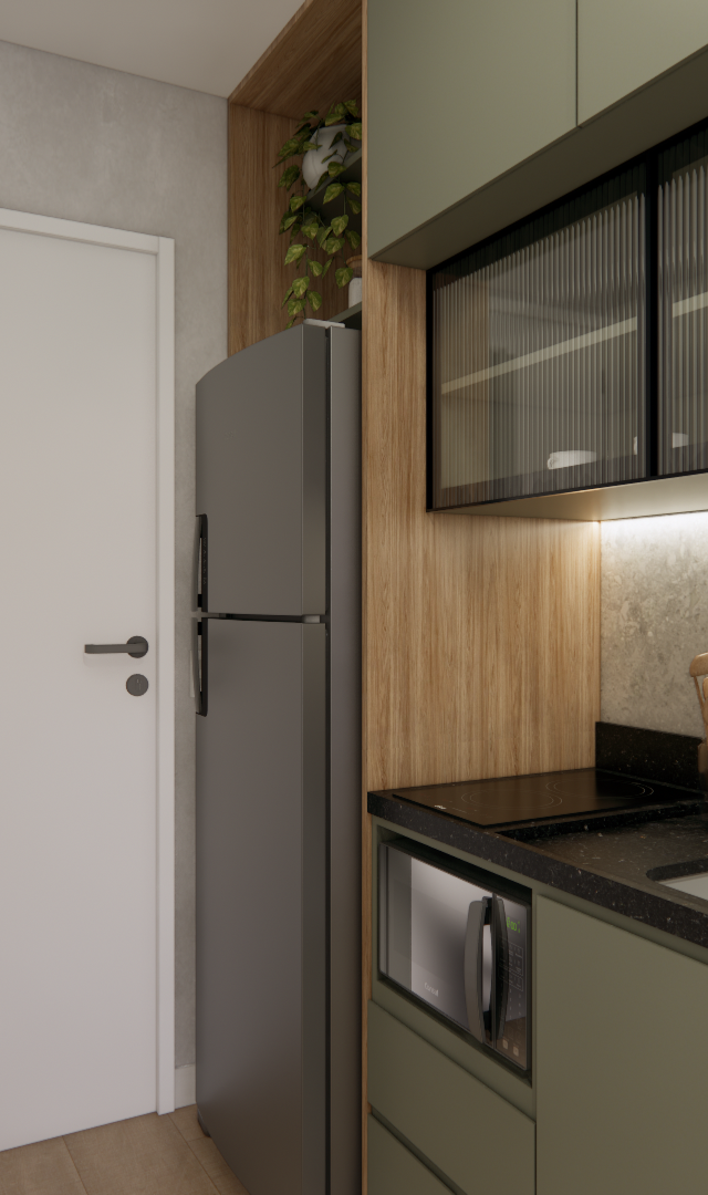 Projeto 3D: Cozinha verde com armários de vidro, geladeira e porta branca de entrada
