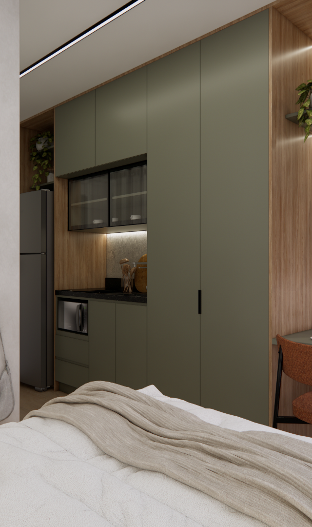 Projeto 3D: Cama junto a espelho curvo, mesa com duas cadeiras e armário verde