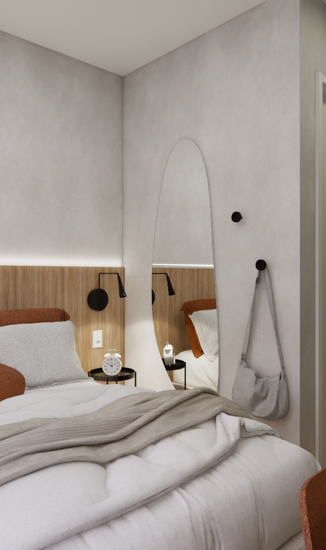 Projeto 3D: Cama com cabeceira amadeirada, arandelas pretas e espelho curvo junto à porta
