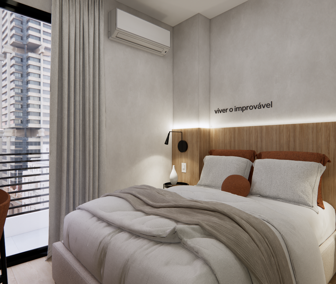 Projeto 3D: Cama com almofadas terracota, cabeceira iluminada e janela com cortina
