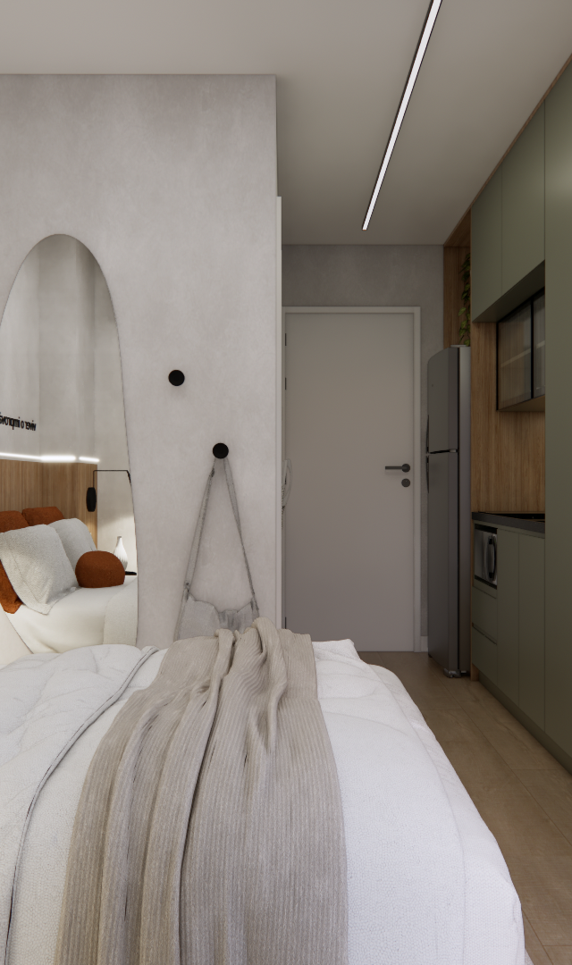 Projeto 3D: Cama com cabeceira amadeirada, espelho curvo e cozinha ao fundo