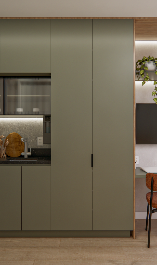 Projeto 3D: Cozinha verde, geladeira e mesa com duas cadeiras sob a TV