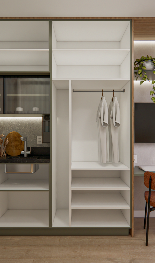 Projeto 3D: Armário aberto entre cozinha verde e mesa com duas cadeiras