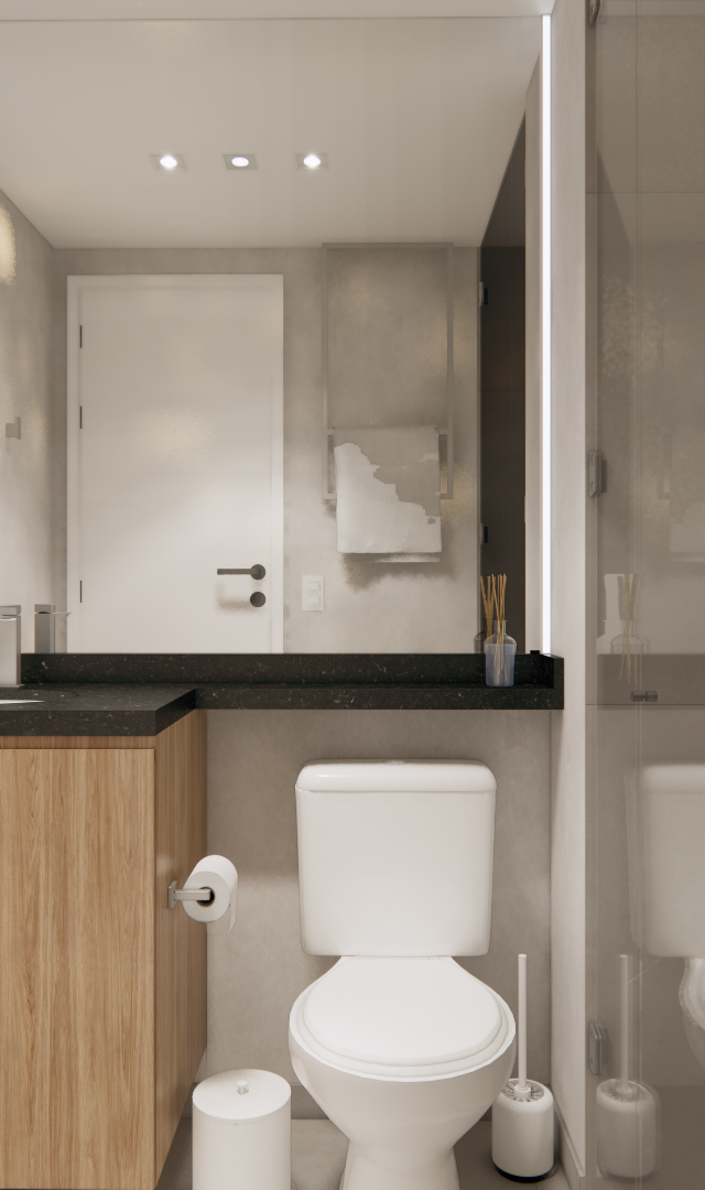 Projeto 3D: Banheiro cinza com vaso sanitário, gabinete amadeirado e box de vidro
