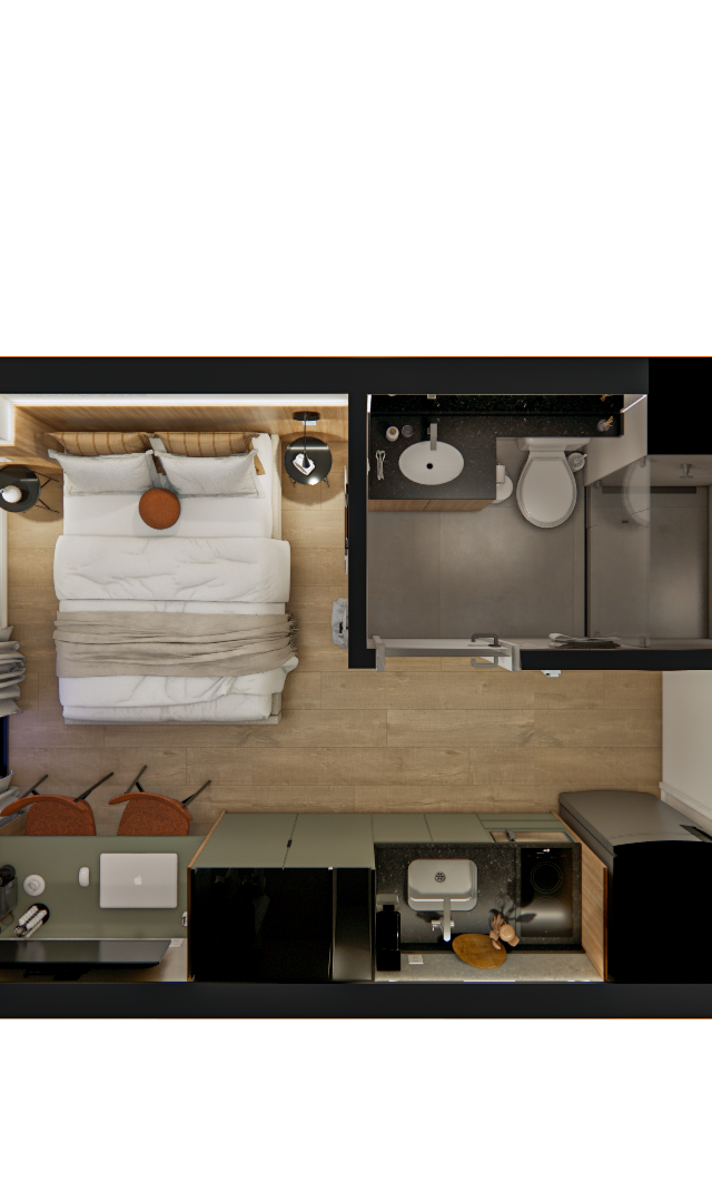 Projeto 3D: Planta vista de cima com cama junto à janela, mesa, cozinha linear e banheiro