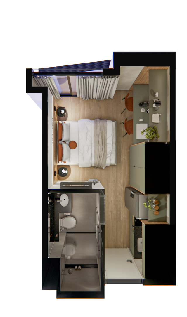 Planta 3D do Urban Flex na Consolação com cama junto à abertura, cozinha e armário na lateral e banheiro próximo à entrada.