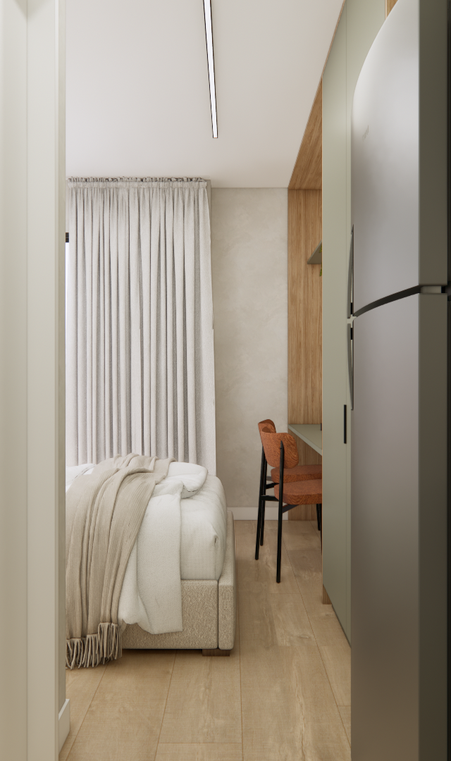 Projeto 3D: Passagem da entrada até a cama, ao lado da geladeira e da bancada preta