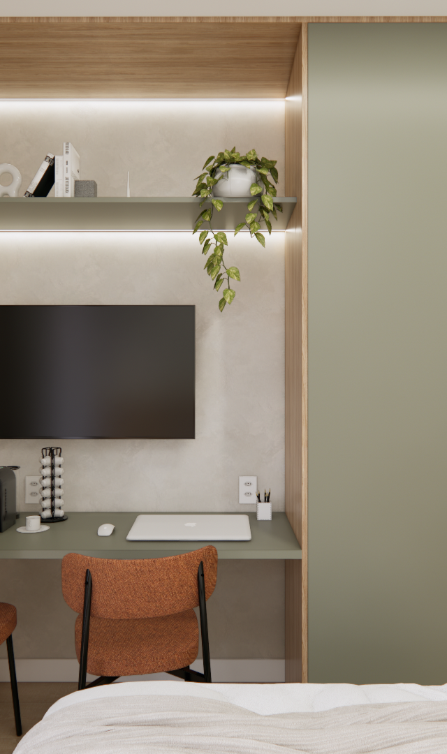 Projeto 3D: TV sobre mesa com duas cadeiras, ao lado de armário verde e geladeira