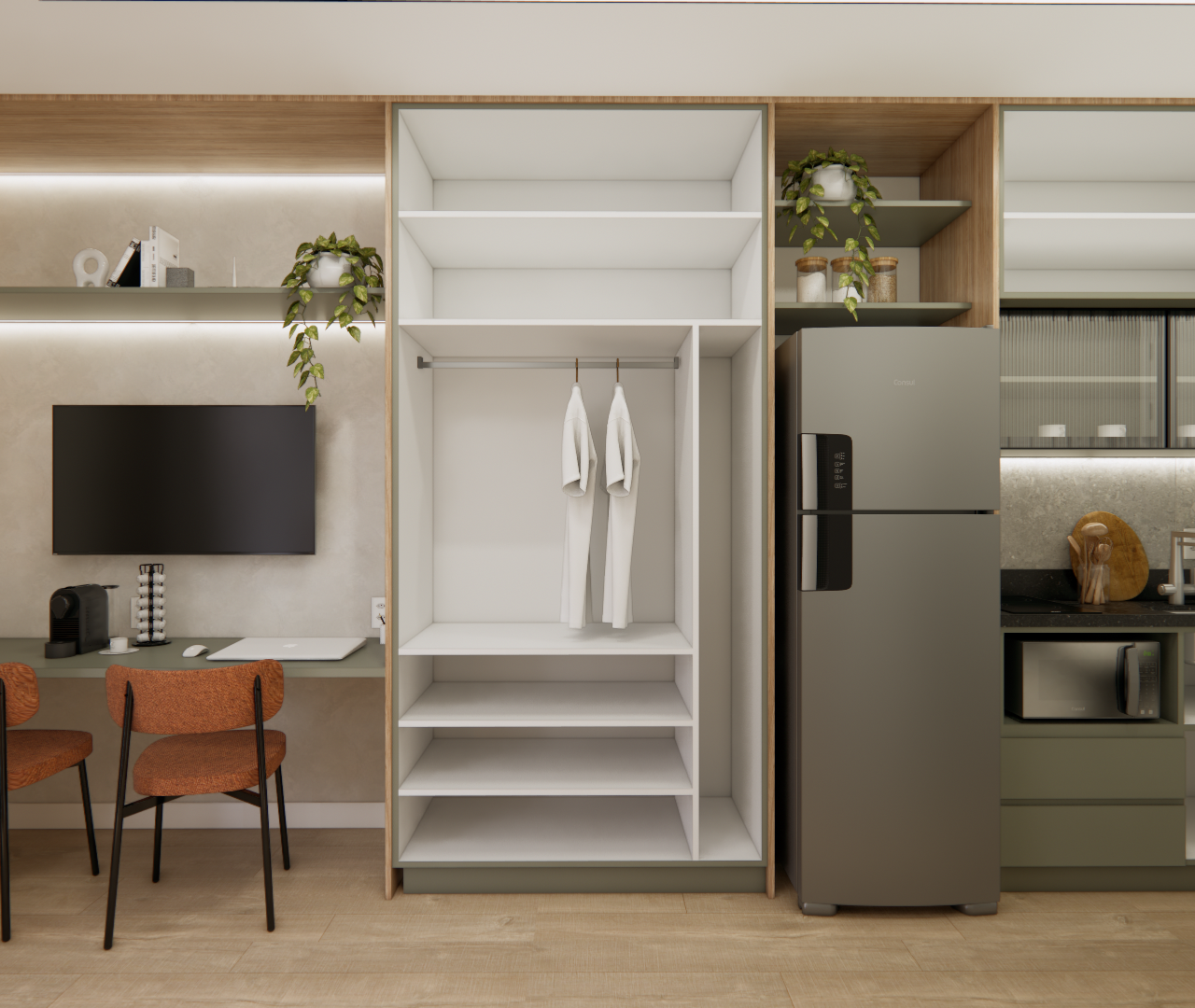 Projeto 3D: Armário aberto entre cozinha verde e mesa com duas cadeiras sob a TV