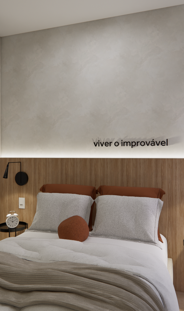 Projeto 3D: Cama com cabeceira amadeirada, espelho curvo e arandelas pretas
