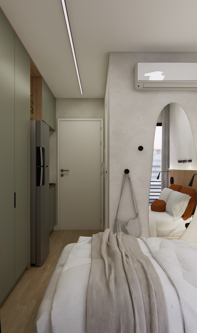 Projeto 3D: Cama vista de lado, com espelho curvo e TV sobre a bancada em frente