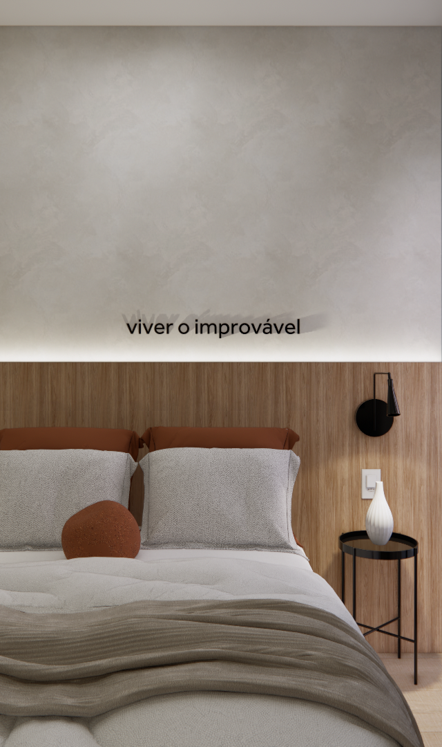 Projeto 3D: Cama de frente, com cabeceira iluminada, almofadas terracota e cortina