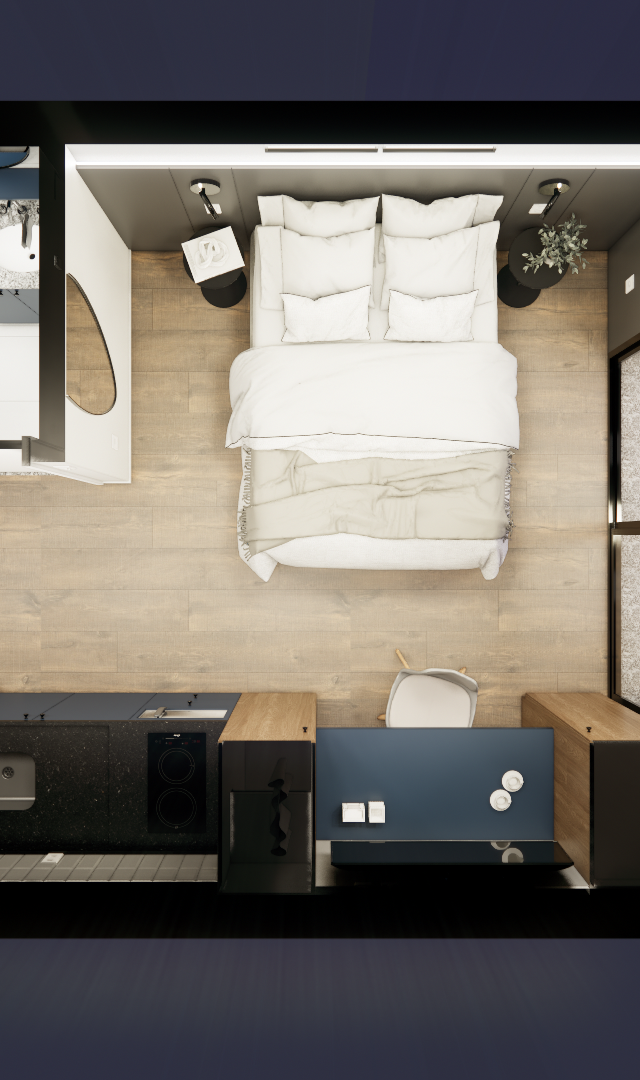 Planta baixa 3D de studio 28m² com cozinha linear, área de dormir, banheiro e varanda em tons de azul, madeira e preto