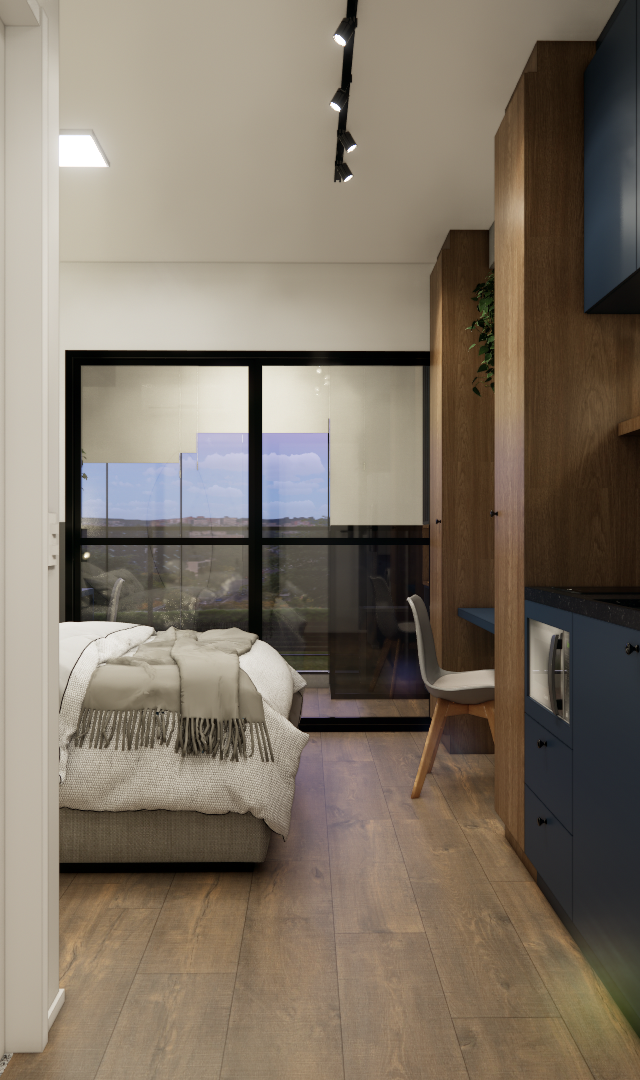 Render 3D de estúdio com marcenaria azul e madeira, cozinha linear, área de dormitório com varanda e piso amadeirado