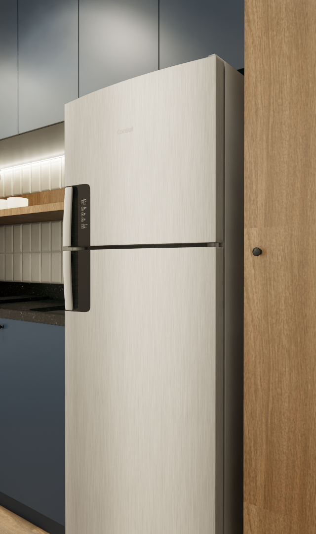 Render 3D de cozinha compacta em tons de azul e madeira, com geladeira, bancada escura, marcenaria planejada e iluminação