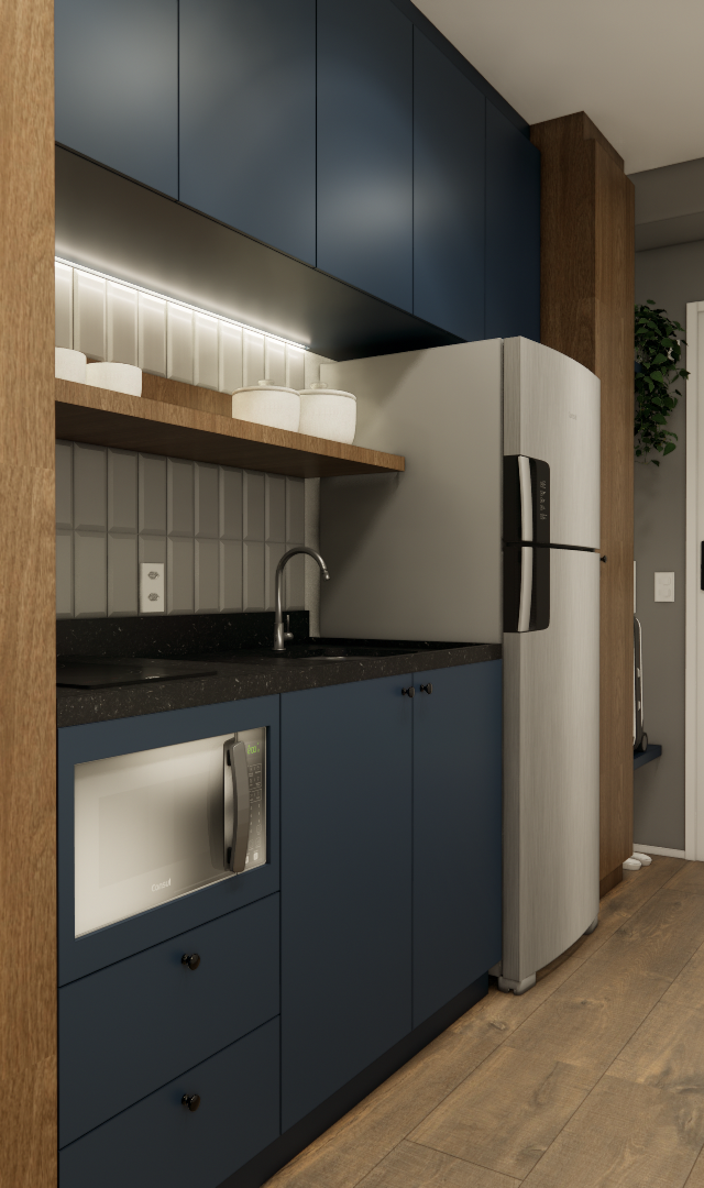 Render 3D de cozinha compacta com marcenaria azul e madeira, bancada preta, iluminação em LED e piso amadeirado no Brooklin