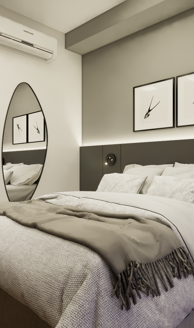 Render 3D de quarto com cama, cabeceira cinza, espelho oval, quadros e iluminação indireta em tom sóbrio e moderno