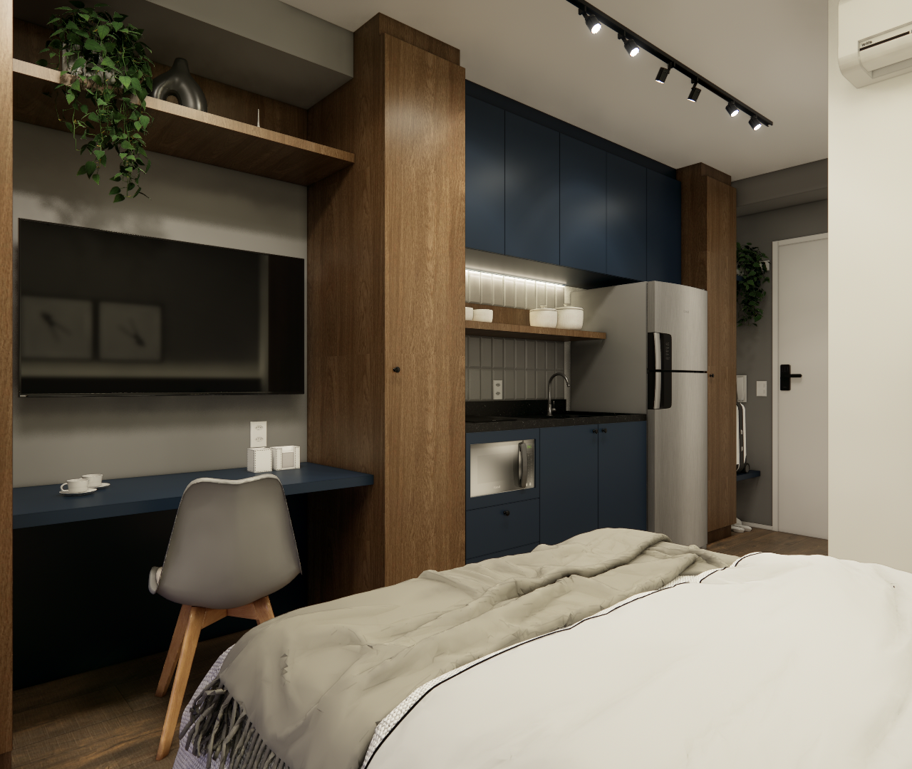 Render 3D de estúdio de 28 m² com marcenaria em madeira e azul, bancada de trabalho, cozinha compacta e espelho orgânico