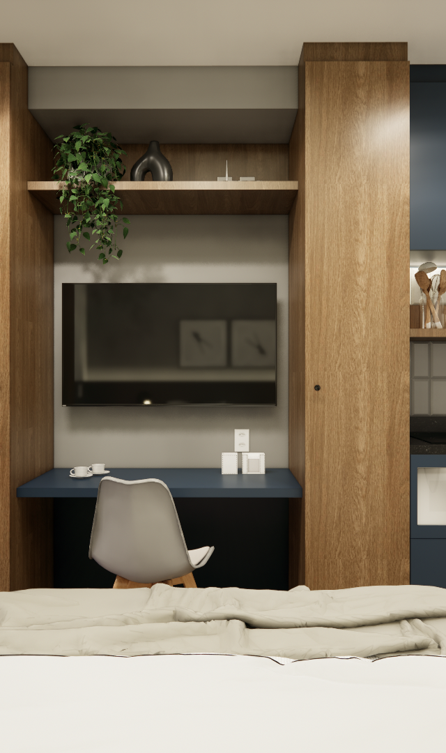 Render 3D de estúdio com marcenaria em madeira e azul, bancada de trabalho, cozinha compacta e cama em tons neutros