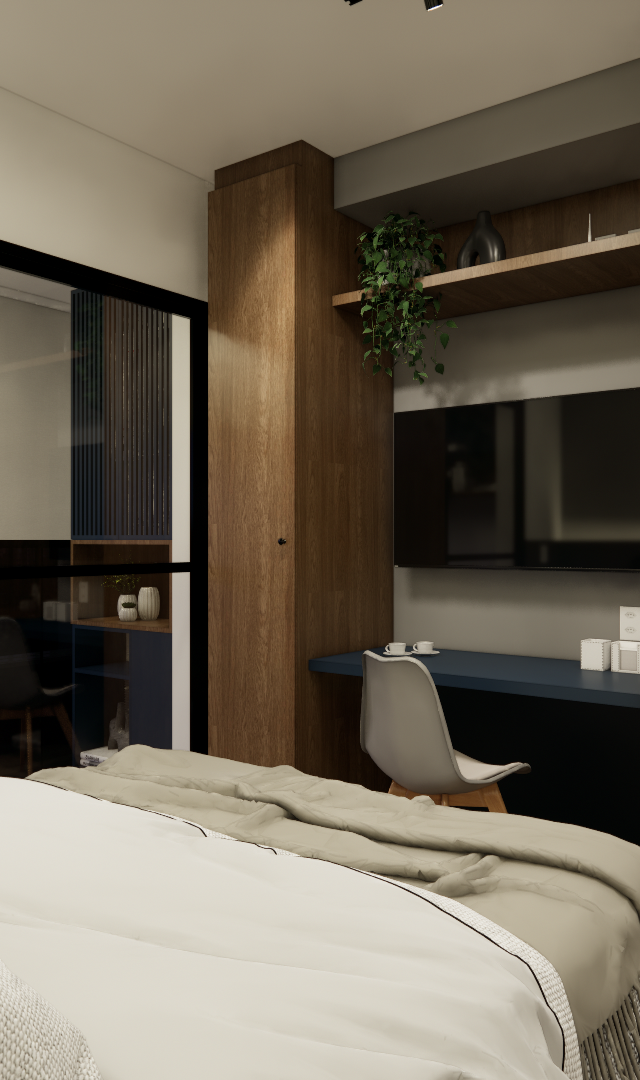 Render 3D de estúdio com cama, marcenaria em tons de madeira e azul, mesa de trabalho, TV e porta de vidro para varanda