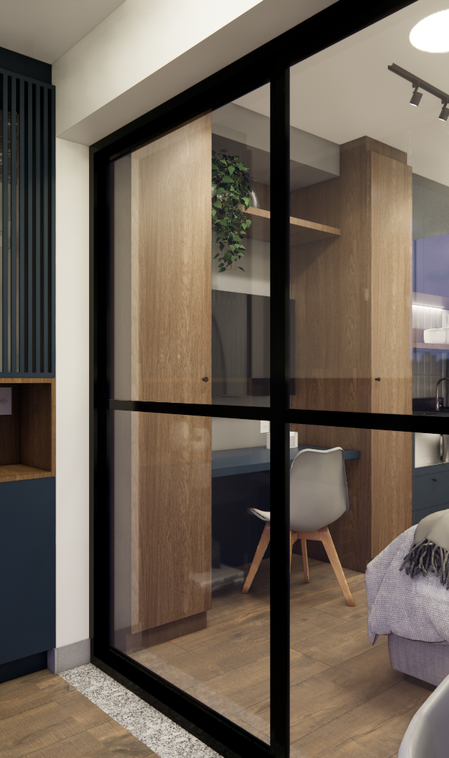 Render 3D de estúdio no Brooklin com marcenaria azul e madeira, divisória de vidro preta, home office e cama de casal