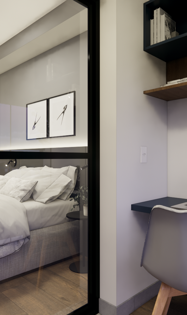 Render 3D de estúdio com home office e quarto separados por divisória de vidro, marcenaria azul e tons neutros no Brooklin