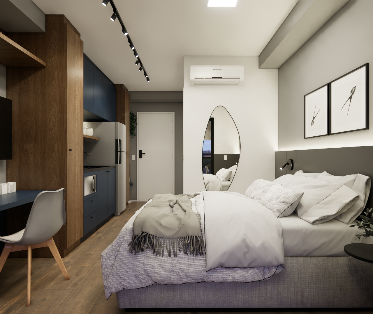 Render 3D de estúdio compacto com marcenaria em madeira e azul, cama de casal, mesa de trabalho e iluminação em trilho