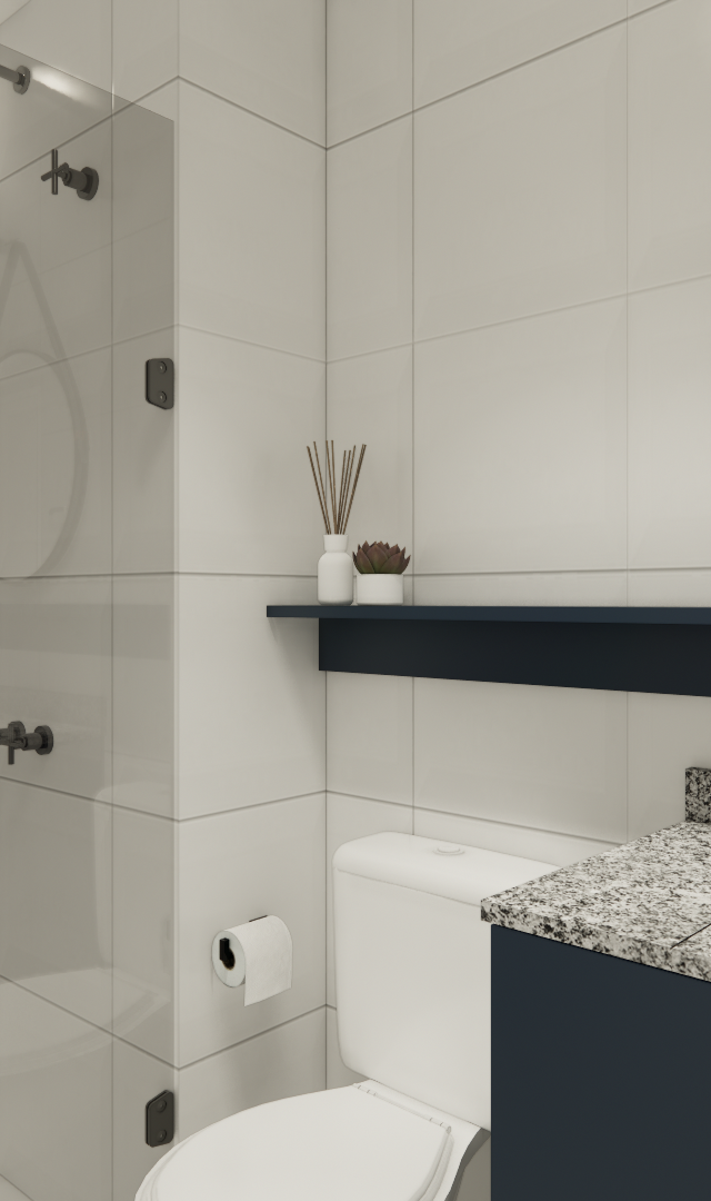Render 3D de banheiro compacto com azulejos brancos, gabinete azul marinho, bancada de granito e espelho circular preto