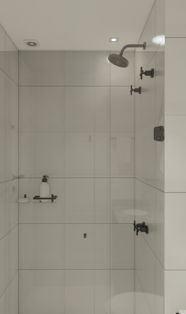 Render 3D de banheiro moderno com box de vidro, metais pretos, revestimento cerâmico claro e prateleira azul marinho
