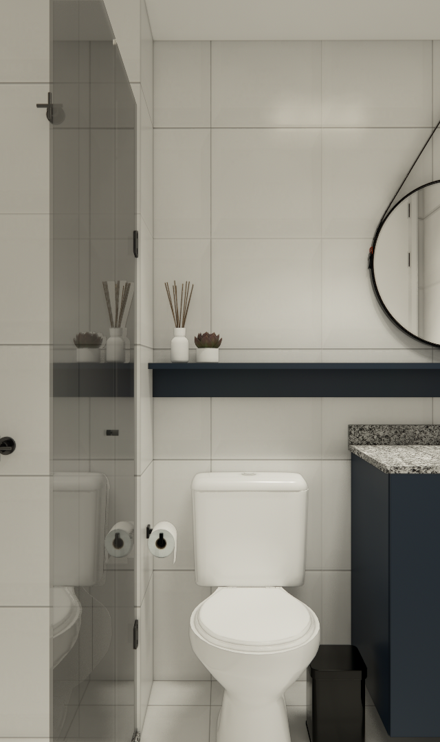 Render 3D de banheiro compacto no Brooklin com azulejos brancos, gabinete azul escuro, bancada em granito e metais pretos