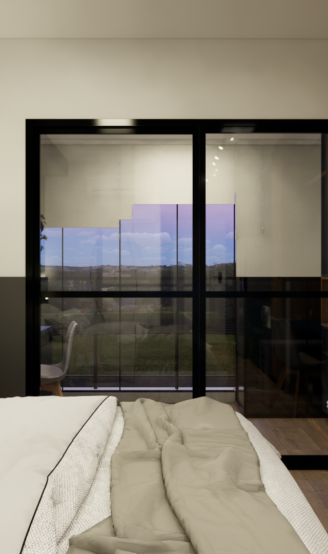 Render de quarto compacto com marcenaria em madeira e azul, cama com enxoval neutro e porta de vidro preta para varanda