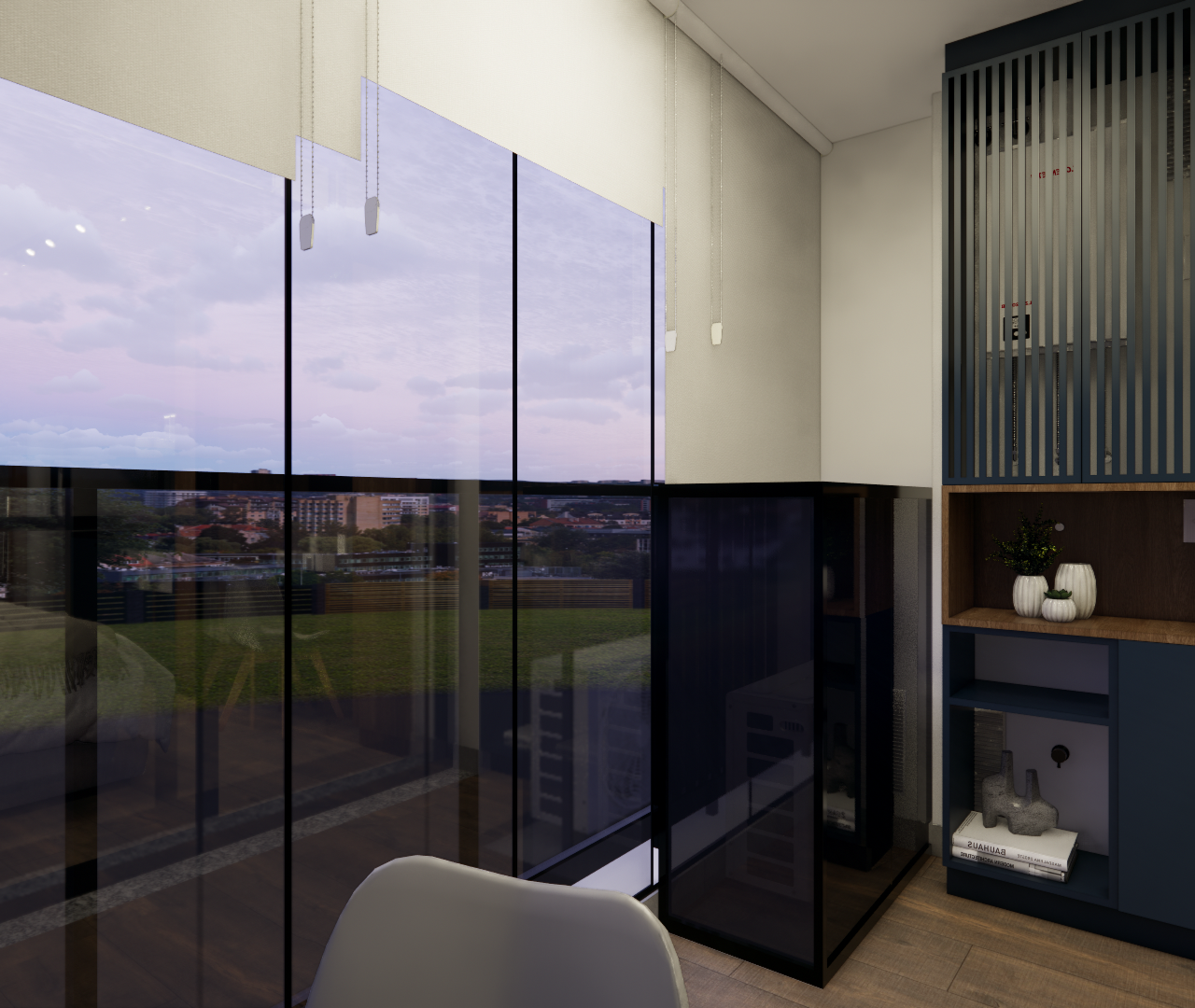 Render 3D de varanda no Brooklin com marcenaria azul ripada, nicho amadeirado, decoração e vista para a cidade ao pôr do sol