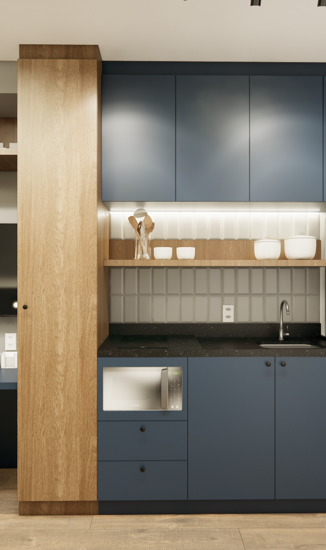 Render 3D de cozinha e home office integrados com marcenaria azul e madeira clara, iluminação embutida e eletrodomésticos