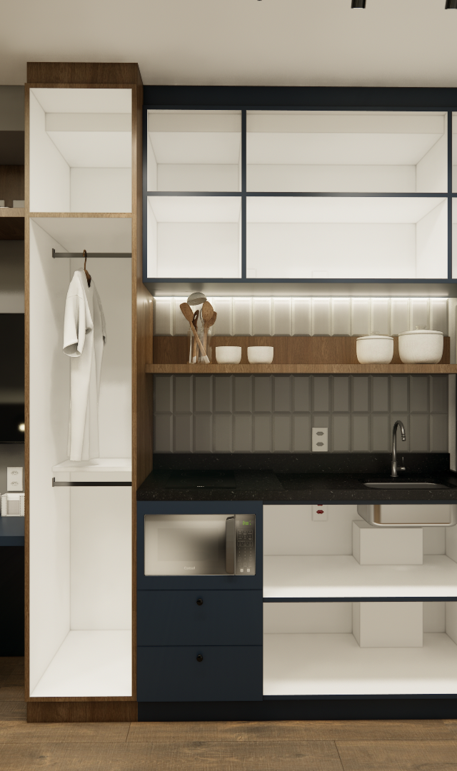 Render 3D de estúdio de 28 m² com marcenaria em madeira e azul, bancada de trabalho, cozinha compacta e geladeira inox
