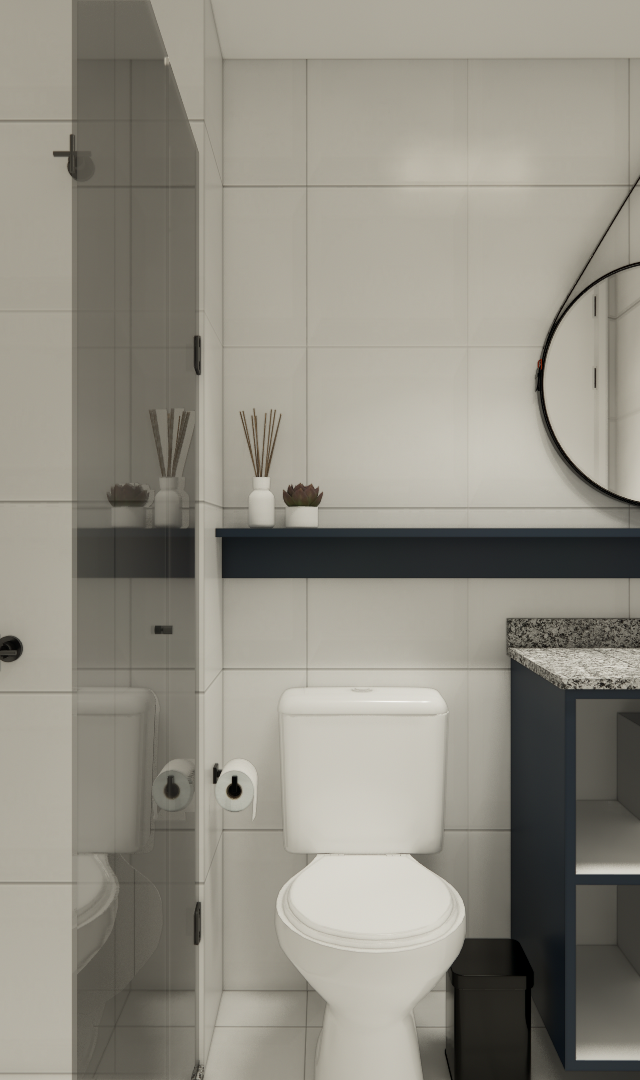 Render 3D de banheiro compacto no Brooklin com azulejos brancos, gabinete azul, bancada em granito e metais pretos