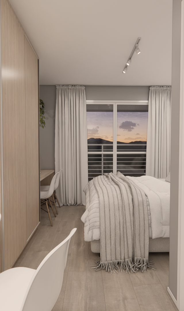 Render 3D de quarto no AZ Paulista com mesa, armário em madeira clara, cama, cortinas brancas e iluminação natural suave