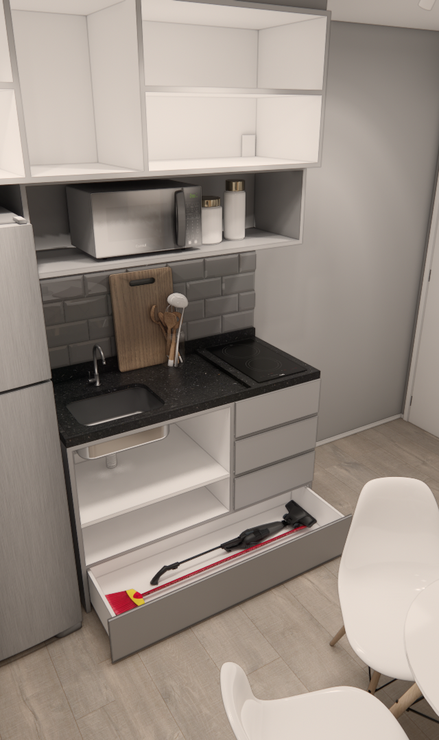 Render 3D de cozinha compacta no AZ - THE COLLECTION PAULISTA com armários cinza, bancada preta, geladeira inox e mesa