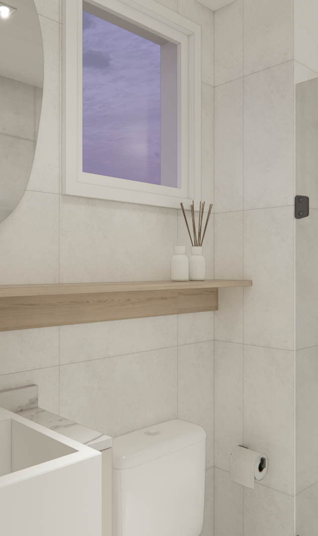 Render 3D de banheiro no AZ - THE COLLECTION PAULISTA com revestimento cinza, metais escuros, espelho e prateleira de madeira