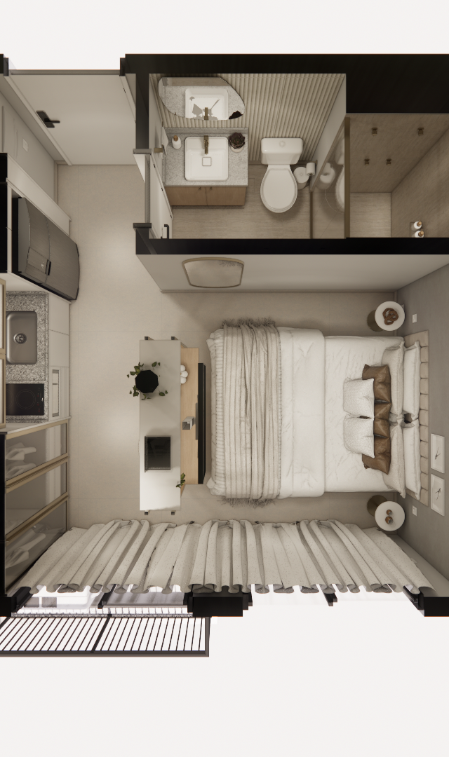 Planta baixa 3D de studio com cozinha linear, quarto com cama de casal e banheiro em tons neutros, madeira e preto