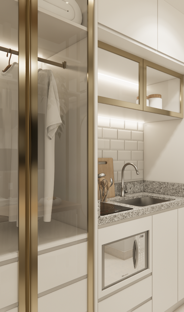 Render 3D de estúdio com marcenaria branca, detalhes em dourado, armário com portas de vidro, cozinha compacta e tons neutros