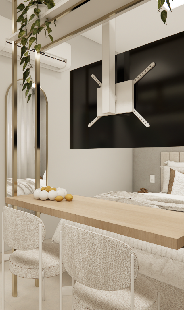 Render 3D de estúdio com cama, bancada de madeira, divisória metálica dourada, tons neutros e iluminação suave