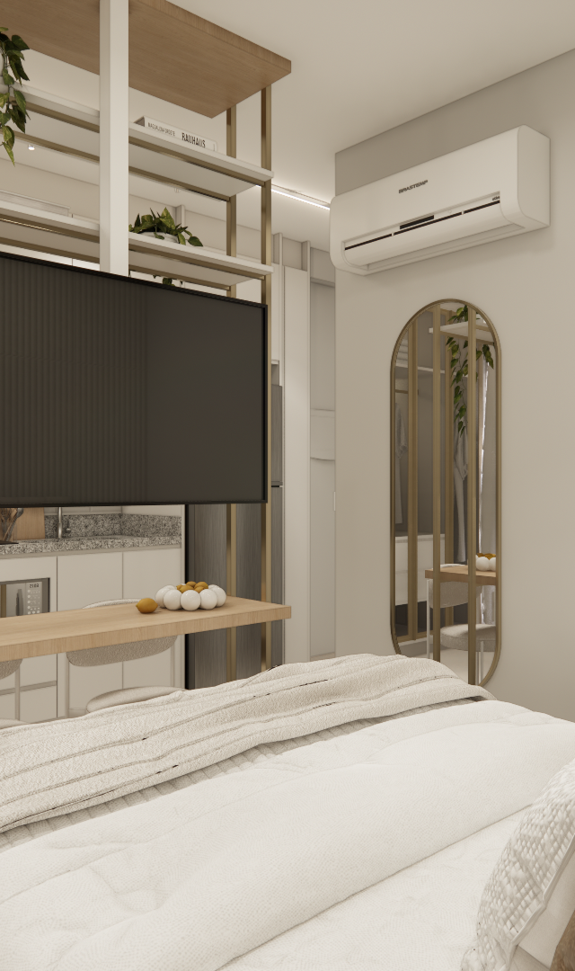 Render 3D de estúdio com cama, estante divisória em metal dourado e madeira, TV, espelho oval e tons neutros e claros