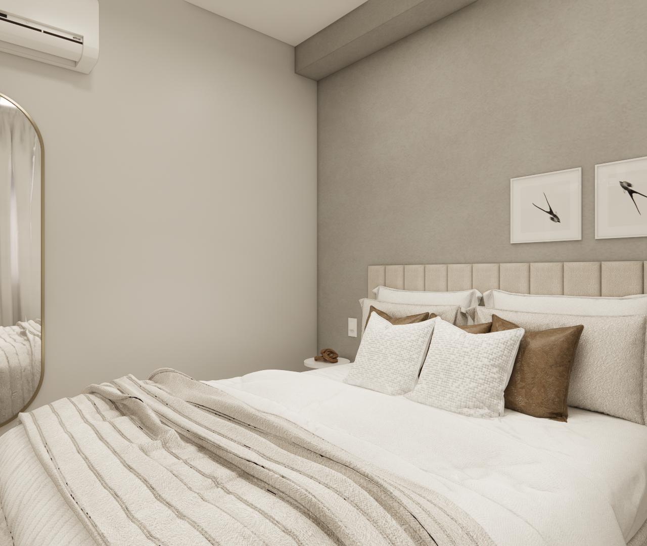 Render 3D de quarto com tons neutros, cama de casal, cabeceira estofada, espelho orgânico e iluminação suave e difusa
