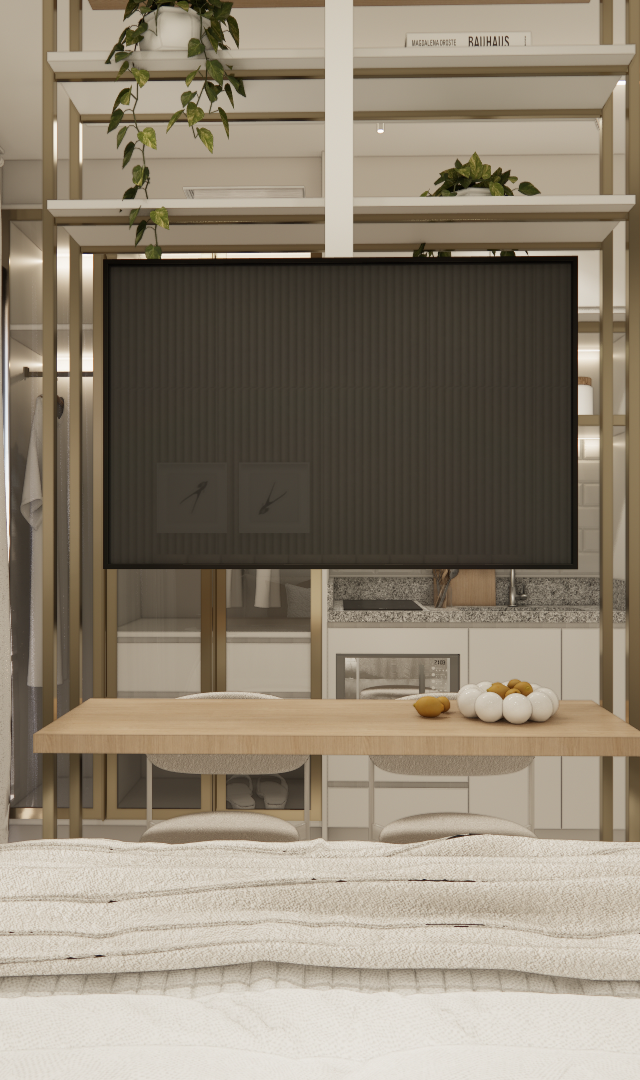Render 3D de studio com cama, estante metálica dourada divisória, TV, mesa de madeira, tons claros e iluminação suave