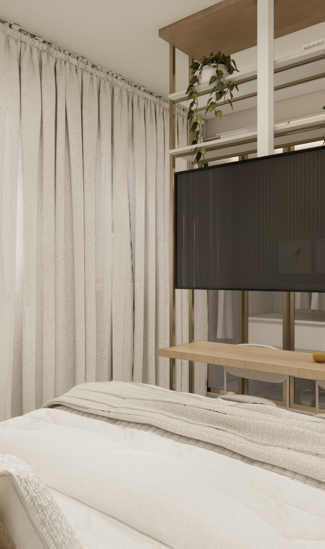 Render 3D de estúdio com cama, cortina clara, estante metálica dourada com TV e cozinha ao fundo em tons neutros
